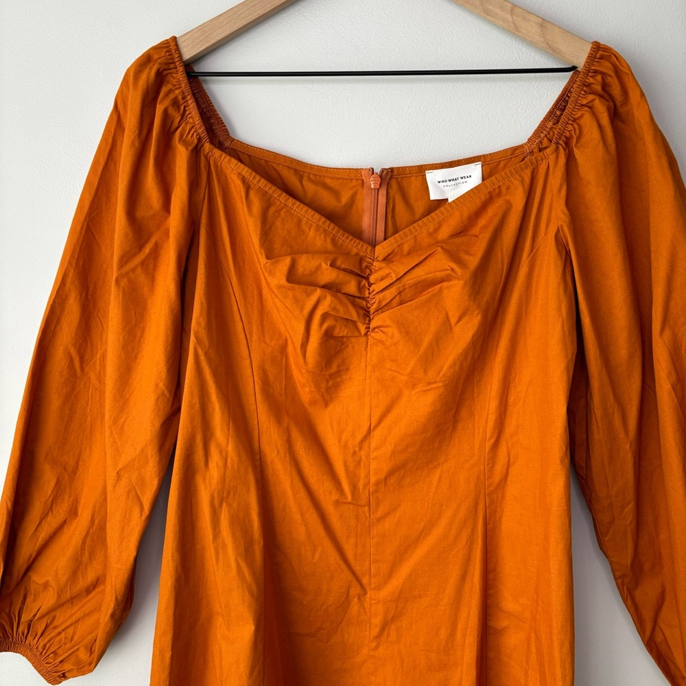Who What Wear Ruched Dress Medium Peasant Puff Cottage Fairy Midi Orange Boho - Picture 3 of 11